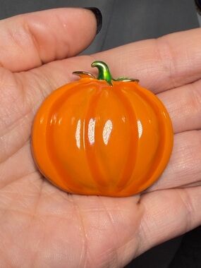 Pumpkin Brooch Orange Enamel Glossy Vintage Fall Halloween Pin 2 Inch